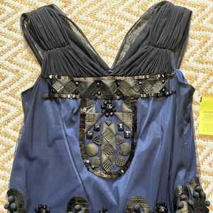 Etcetera fancy tank with beading, leather accents and satin Pom poms